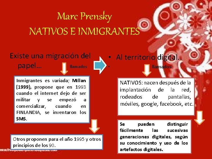 Marc Prensky NATIVOS E INMIGRANTES Existe una migración del papel… llamados Inmigrantes es variada;