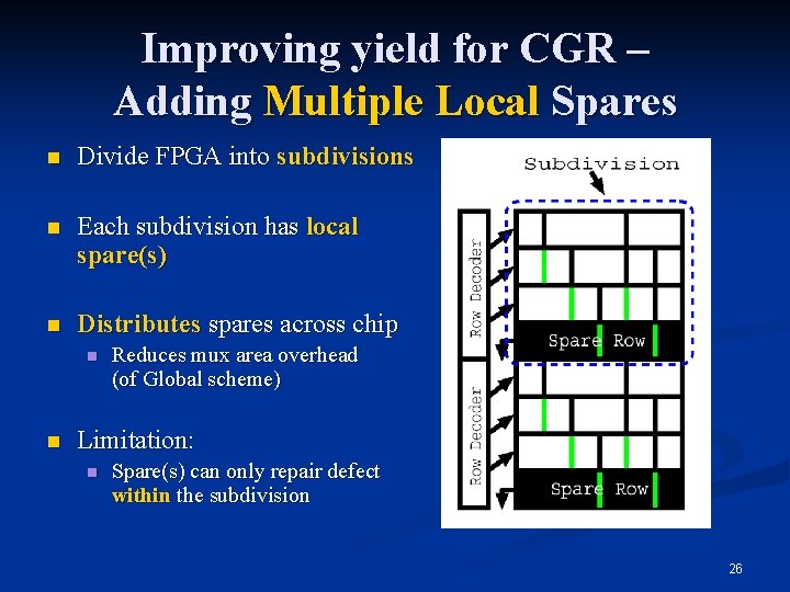 Improving yield for CGR – Adding Multiple Local Spares n Divide FPGA into subdivisions