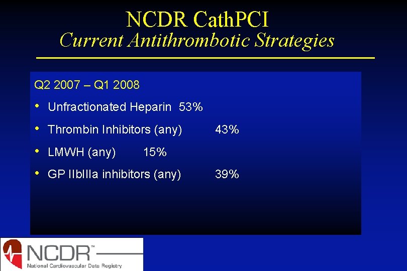 NCDR Cath. PCI Current Antithrombotic Strategies Q 2 2007 – Q 1 2008 • NCDR Cath. PCI Current Antithrombotic Strategies Q 2 2007 – Q 1 2008 •