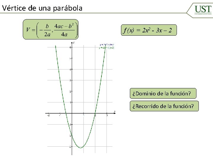 Vértice de una parábola f (x) = 2 x 2 - 3 x –