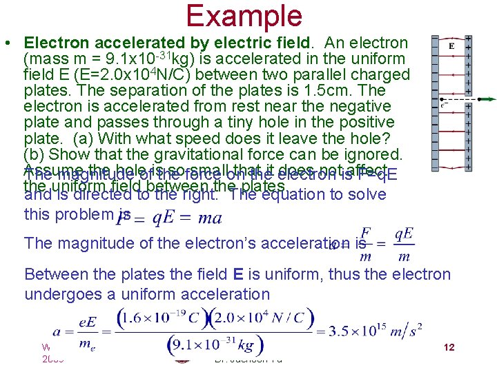 Example • Electron accelerated by electric field. An electron (mass m = 9. 1