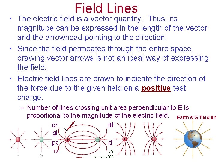 Field Lines • The electric field is a vector quantity. Thus, its magnitude can