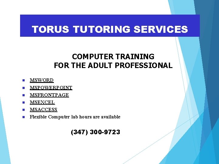 TORUS TUTORING SERVICES COMPUTER TRAINING FOR THE ADULT PROFESSIONAL MSWORD MSPOWERPOINT MSFRONTPAGE MSEXCEL MSACCESS