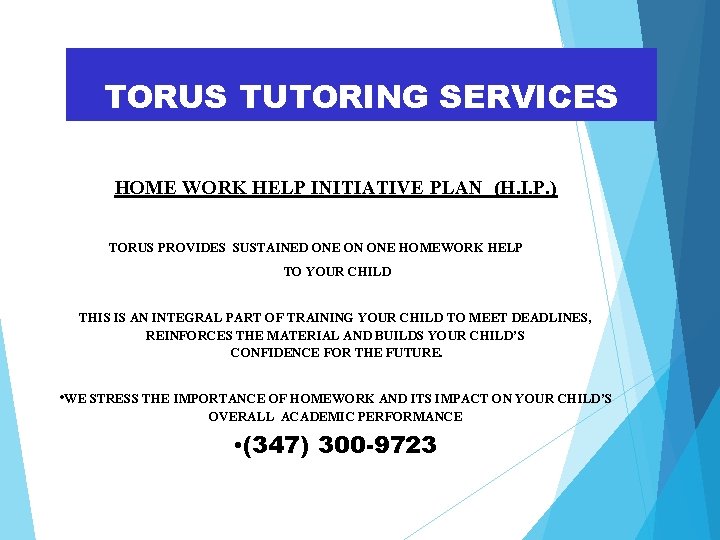 TORUS TUTORING SERVICES HOME WORK HELP INITIATIVE PLAN (H. I. P. ) TORUS PROVIDES