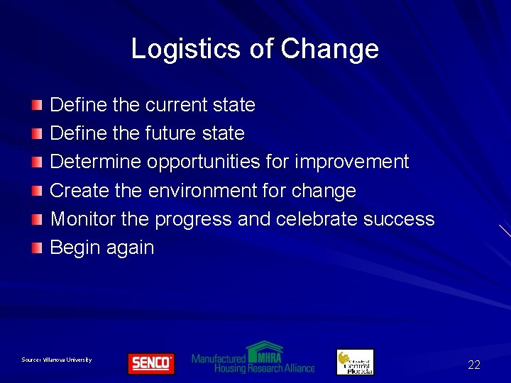 Logistics of Change Define the current state Define the future state Determine opportunities for