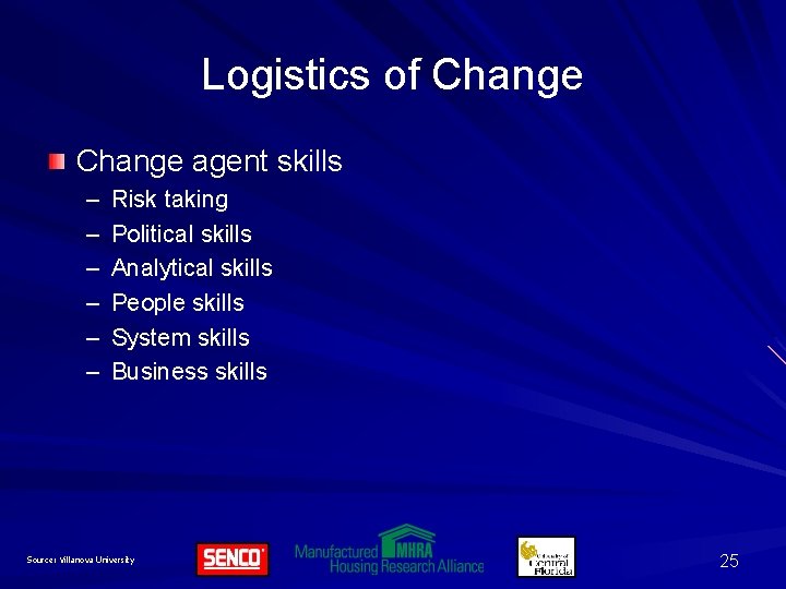 Logistics of Change agent skills – – – Risk taking Political skills Analytical skills