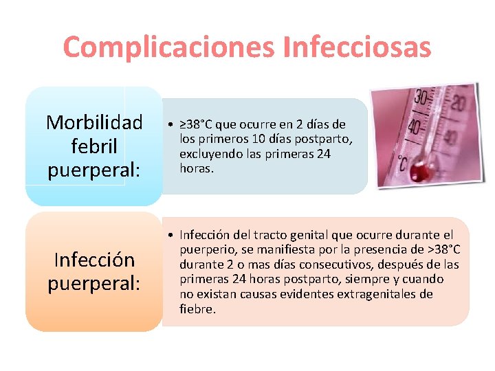 Complicaciones Infecciosas Morbilidad febril puerperal: • ≥ 38°C que ocurre en 2 días de Complicaciones Infecciosas Morbilidad febril puerperal: • ≥ 38°C que ocurre en 2 días de
