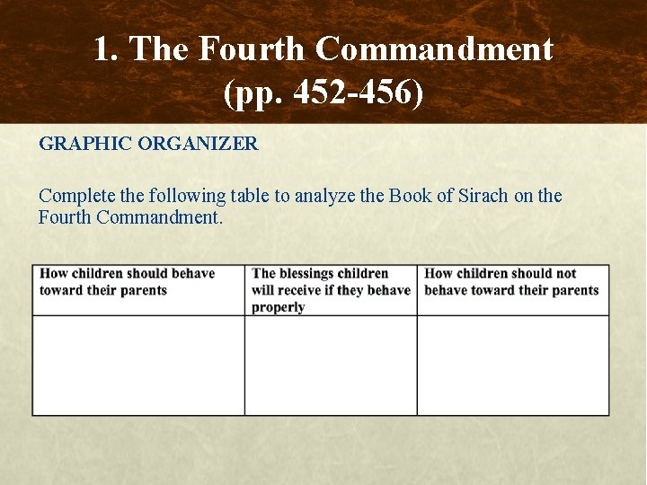 1. The Fourth Commandment (pp. 452 -456) GRAPHIC ORGANIZER Complete the following table to