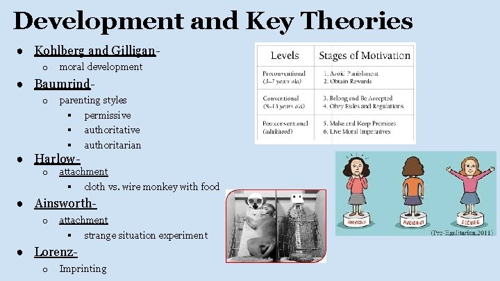 Development and Key Theories ● Kohlberg and Gilligano moral development ● Baumrindo parenting styles