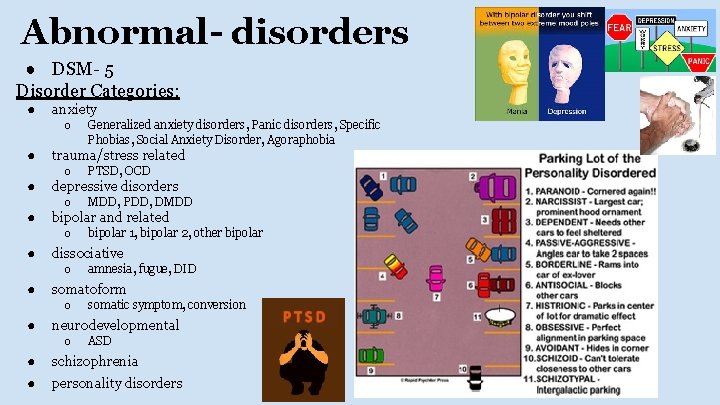 Abnormal- disorders ● DSM- 5 Disorder Categories: ● anxiety o ● ● trauma/stress related