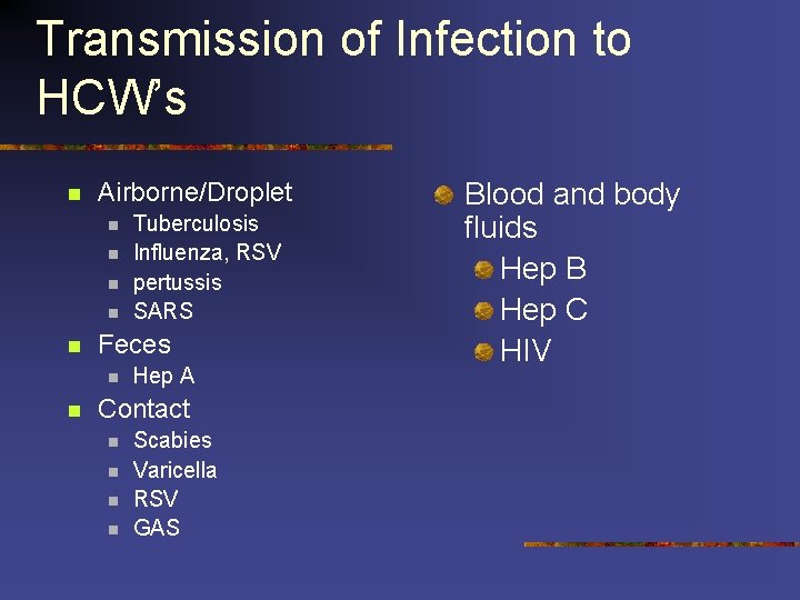 Transmission of Infection to HCW’s n Airborne/Droplet n n n Feces n n Tuberculosis