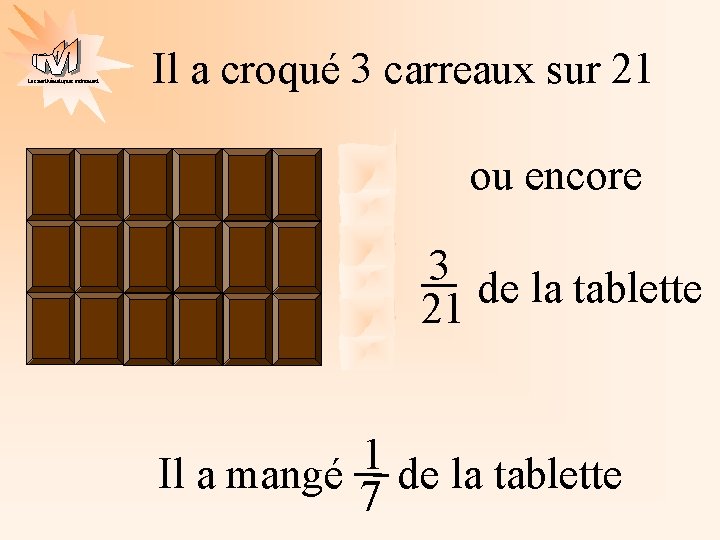 Les mathématiques autrement Il a croqué 3 carreaux sur 21 ou encore 3 de