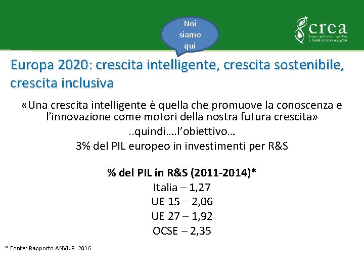 Noi siamo qui Europa 2020: crescita intelligente, crescita sostenibile, crescita inclusiva «Una crescita intelligente
