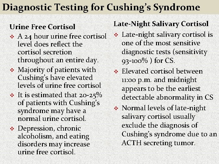 Diagnostic Testing for Cushing’s Syndrome Late-Night Salivary Cortisol Urine Free Cortisol v A 24