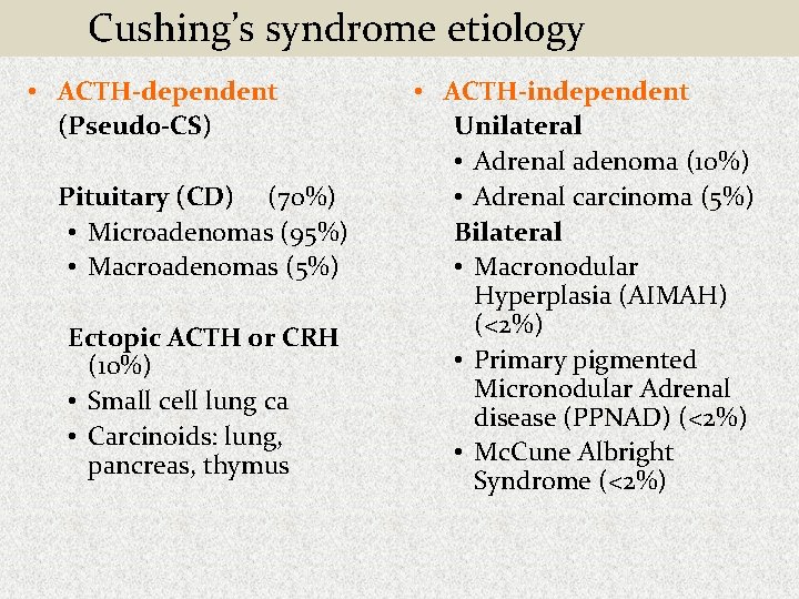 Cushing’s syndrome etiology • ACTH-dependent (Pseudo-CS) Pituitary (CD) (70%) • Microadenomas (95%) • Macroadenomas