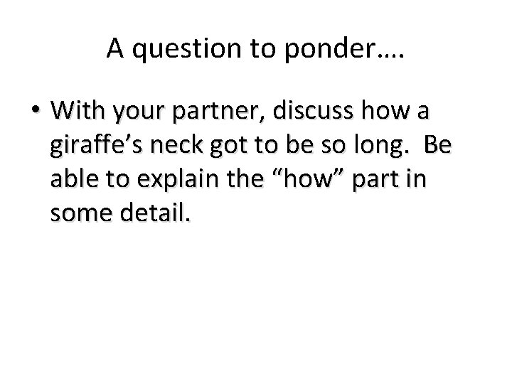 A question to ponder…. • With your partner, discuss how a giraffe’s neck got