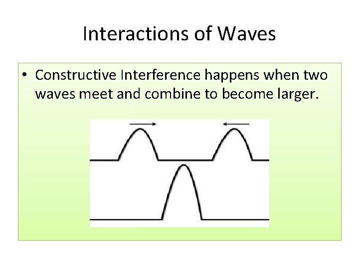 Interactions of Waves • Constructive Interference happens when two waves meet and combine to
