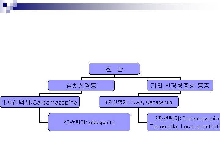 진 단 삼차신경통 1차선택제: Carbamazepine 기타 신경병증성 통증 1차선택제: TCAs, Gabapentin 2차선택제: Carbamazepine Tramadole,