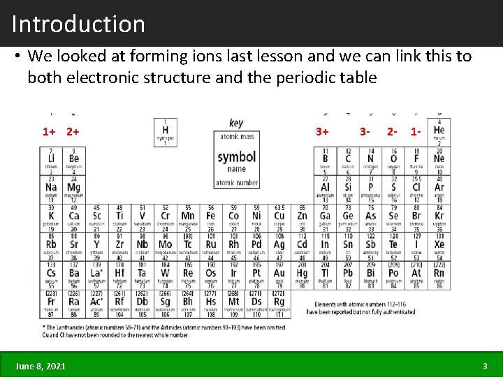 Introduction • We looked at forming ions last lesson and we can link this