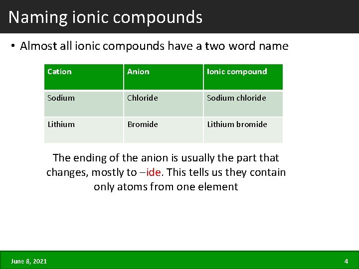 Naming ionic compounds • Almost all ionic compounds have a two word name Cation