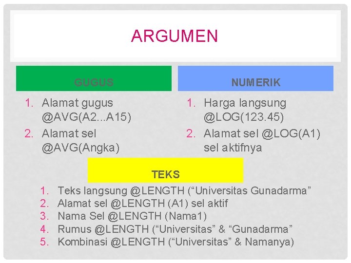 ARGUMEN GUGUS 1. Alamat gugus @AVG(A 2. . . A 15) 2. Alamat sel