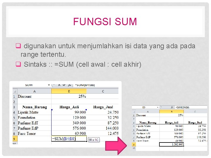 FUNGSI SUM q digunakan untuk menjumlahkan isi data yang ada pada range tertentu. q