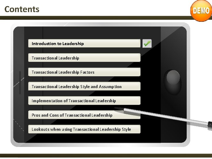 Contents Introduction to Leadership Transactional Leadership Factors Transactional Leadership Style and Assumption Implementation of