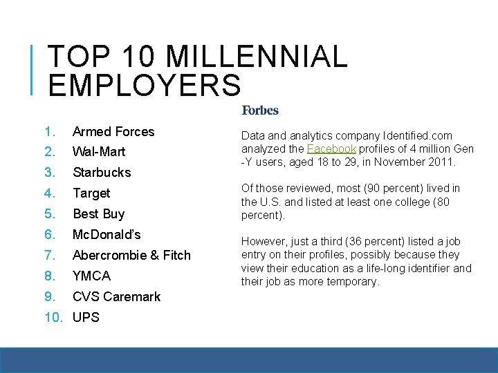 TOP 10 MILLENNIAL EMPLOYERS 1. Armed Forces 2. Wal-Mart 3. Starbucks 4. Target 5.