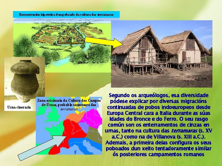 Reconstrución hipotética dun poboado da cultura das terramaras Urna cineraria Zona orixinaria da Cultura