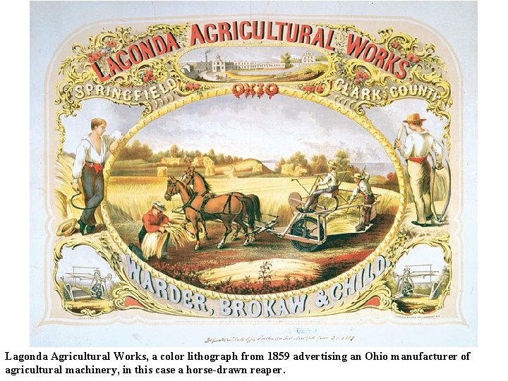 Lagonda Agricultural Works, a color lithograph from 1859 advertising an Ohio manufacturer of agricultural