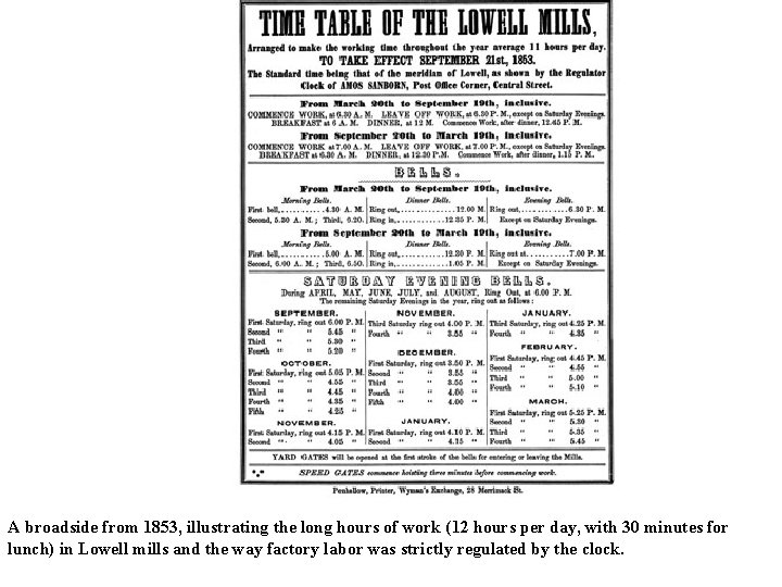 A broadside from 1853, illustrating the long hours of work (12 hours per day,