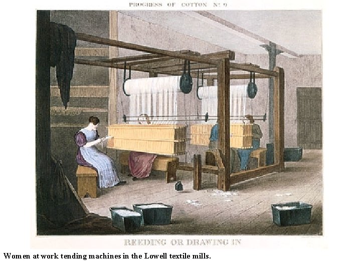 Women at work tending machines in the Lowell textile mills. 