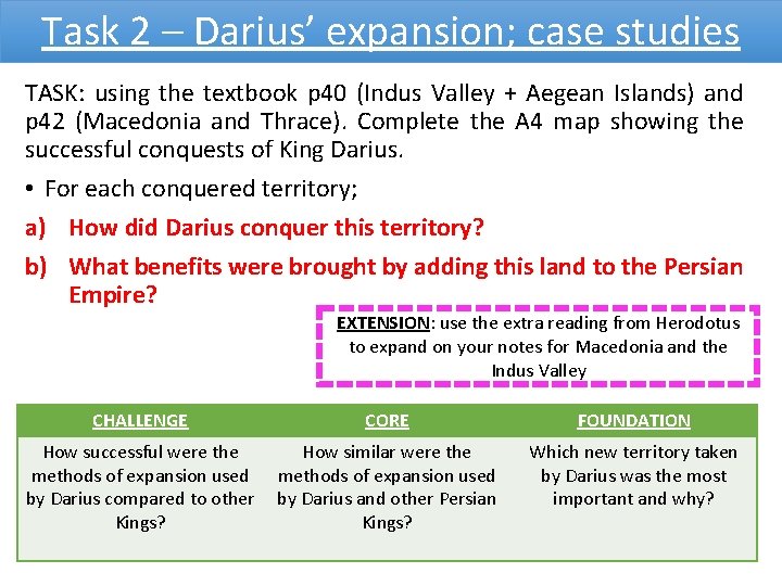 Task 2 – Darius’ expansion; case studies TASK: using the textbook p 40 (Indus