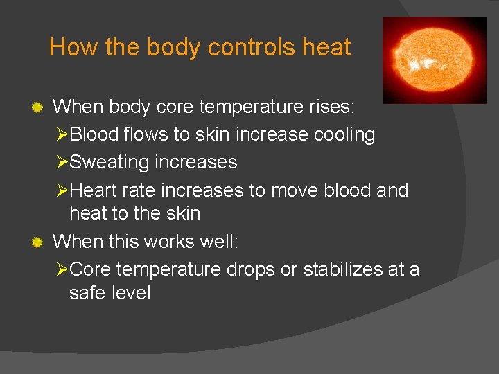 How the body controls heat When body core temperature rises: Ø Blood flows to
