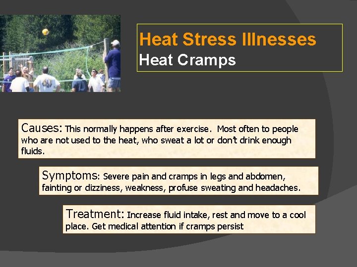 Heat Stress Illnesses Heat Cramps Causes: This normally happens after exercise. Most often to