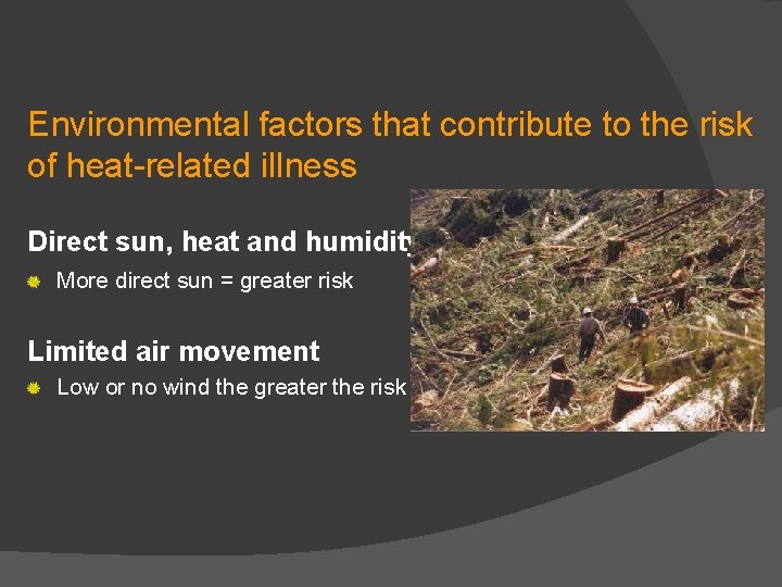 Environmental factors that contribute to the risk of heat-related illness Direct sun, heat and