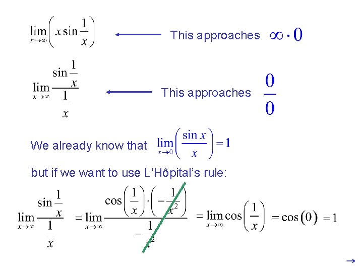 This approaches We already know that but if we want to use L’Hôpital’s rule: