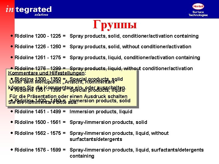 Группы · Ridoline 1200 - 1225 = Spray products, solid, conditioner/activation containing · Ridoline