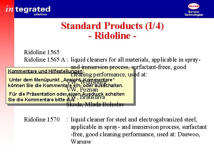 Standard Products (I/4) - Ridoline 1565 A : liquid cleaners for all materials, applicable