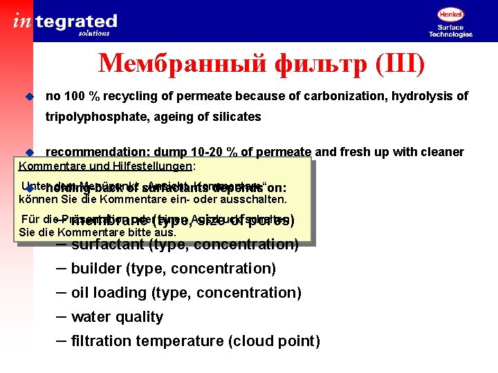 Мембранный фильтр (III) u no 100 % recycling of permeate because of carbonization, hydrolysis