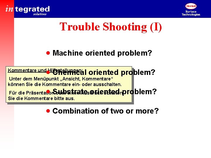 Trouble Shooting (I) · Machine oriented problem? · Chemical oriented problem? Kommentare und Hilfestellungen: