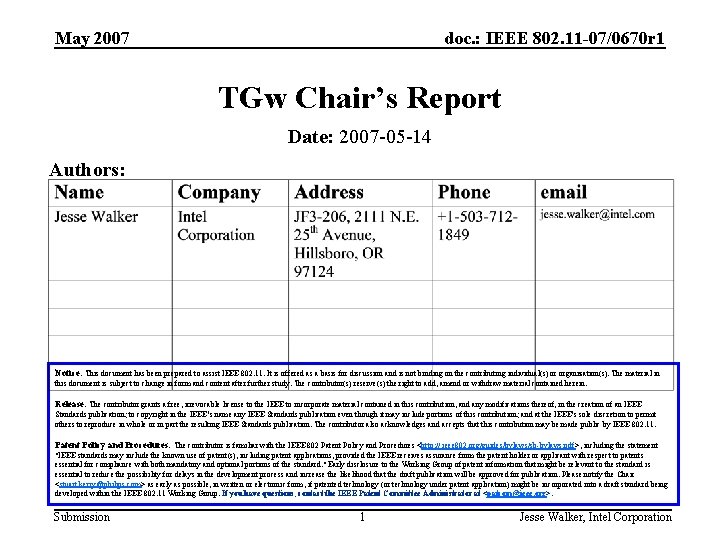 May 2007 doc. : IEEE 802. 11 -07/0670 r 1 TGw Chair’s Report Date: