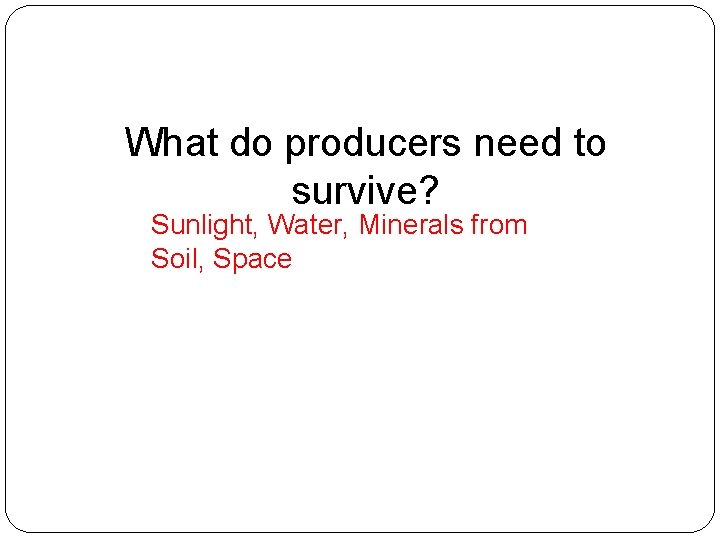 What do producers need to survive? Sunlight, Water, Minerals from Soil, Space 
