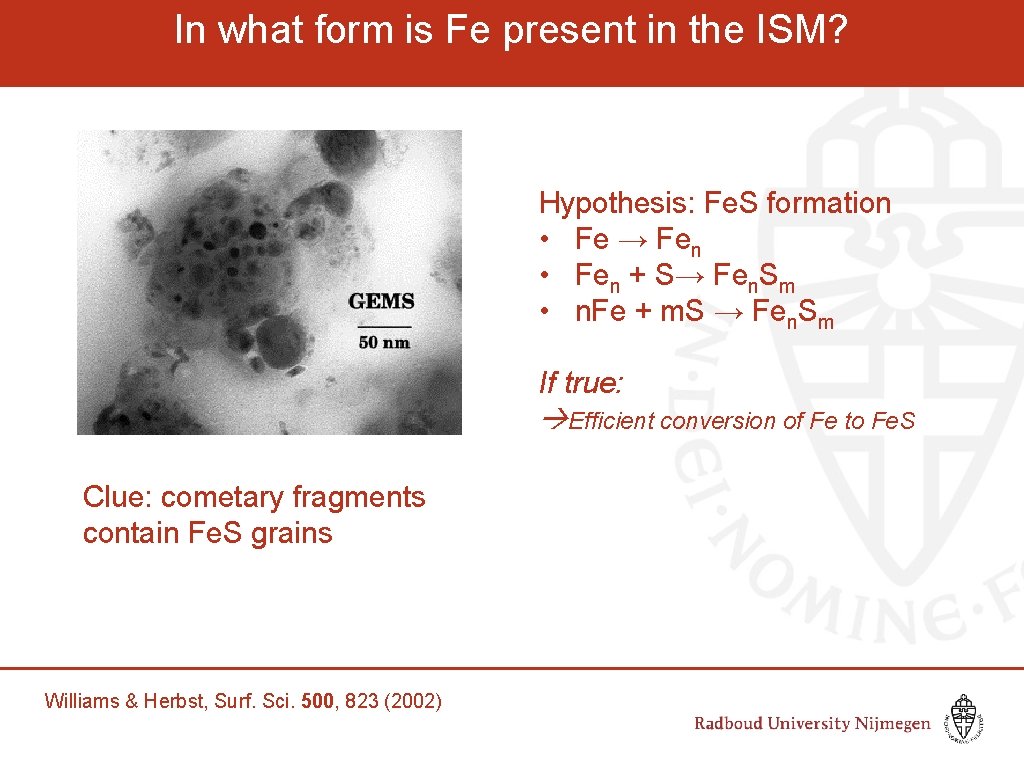 In what form is Fe present in the ISM? Hypothesis: Fe. S formation •