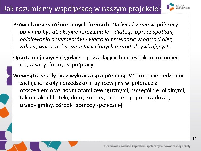 Jak rozumiemy współpracę w naszym projekcie? Prowadzona w różnorodnych formach. Doświadczenie współpracy powinno być