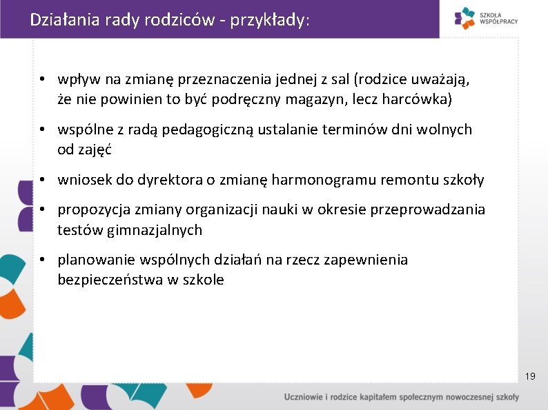 Działania rady rodziców - przykłady: • wpływ na zmianę przeznaczenia jednej z sal (rodzice