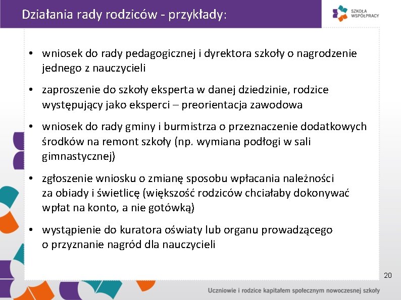 Działania rady rodziców - przykłady: • wniosek do rady pedagogicznej i dyrektora szkoły o