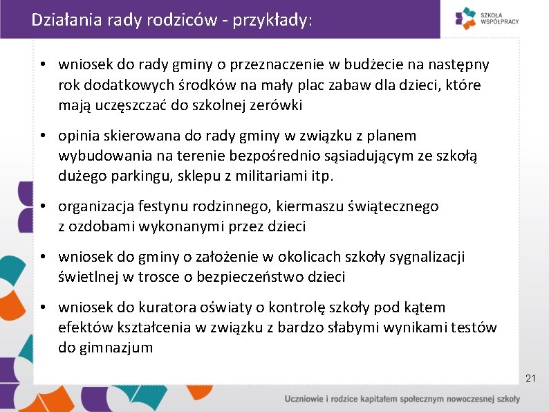 Działania rady rodziców - przykłady: • wniosek do rady gminy o przeznaczenie w budżecie