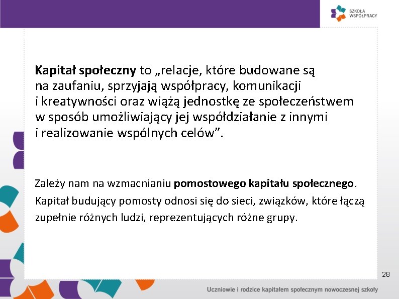 Kapitał społeczny to „relacje, które budowane są na zaufaniu, sprzyjają współpracy, komunikacji i kreatywności