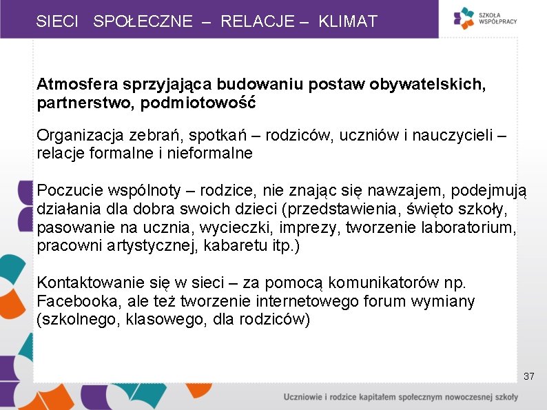 SIECI SPOŁECZNE – RELACJE – KLIMAT Atmosfera sprzyjająca budowaniu postaw obywatelskich, partnerstwo, podmiotowość Organizacja